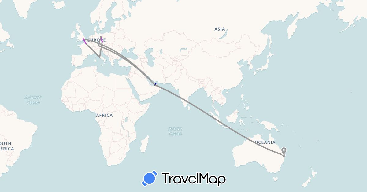 TravelMap itinerary: driving, plane, train in United Arab Emirates, Australia, Czech Republic, Germany, France, United Kingdom (Asia, Europe, Oceania)